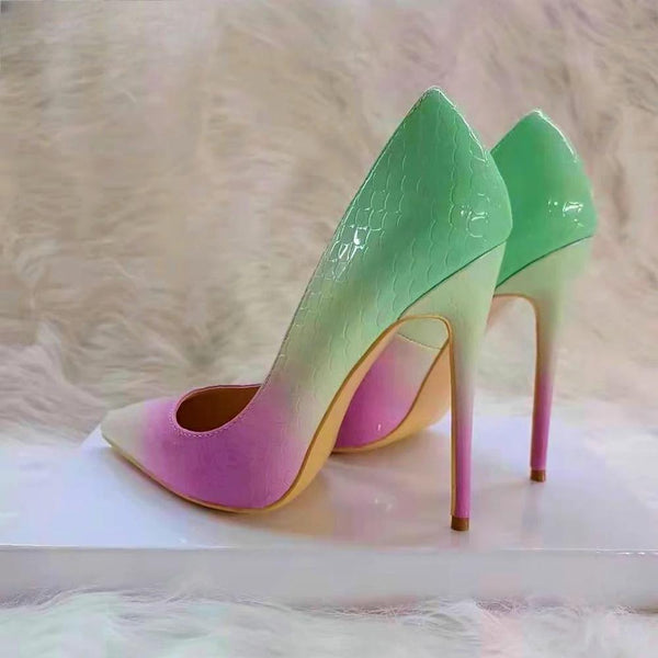 Gradient Mint Pink Women Crocodile Effect Pointy Toe High Heel Shoes