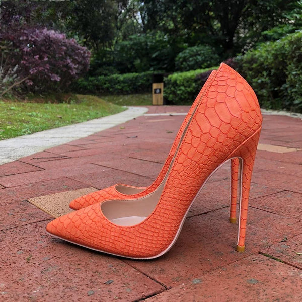 sexy Orange Croc-Effect Women Pointy Toe High Heels