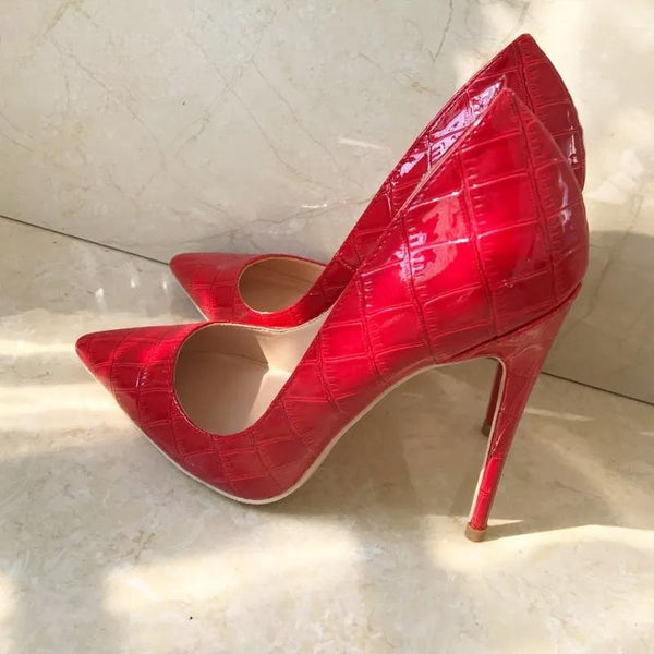 Red Crocodile-Effect Embossed Pattern Women Sexy Stiletto High Heels