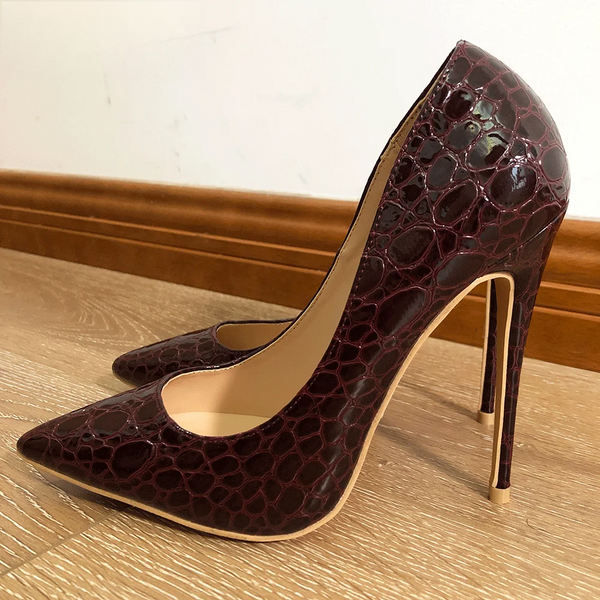 Women Burgundy Crocodile-Effect Pointed Toe Stiletto Pumps
