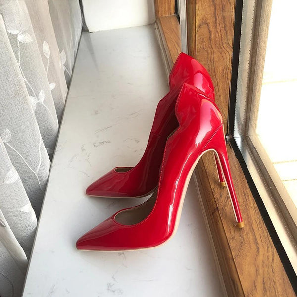 chic Glossy Red Side V Cut Women Sexy Pointy Toe High Heels