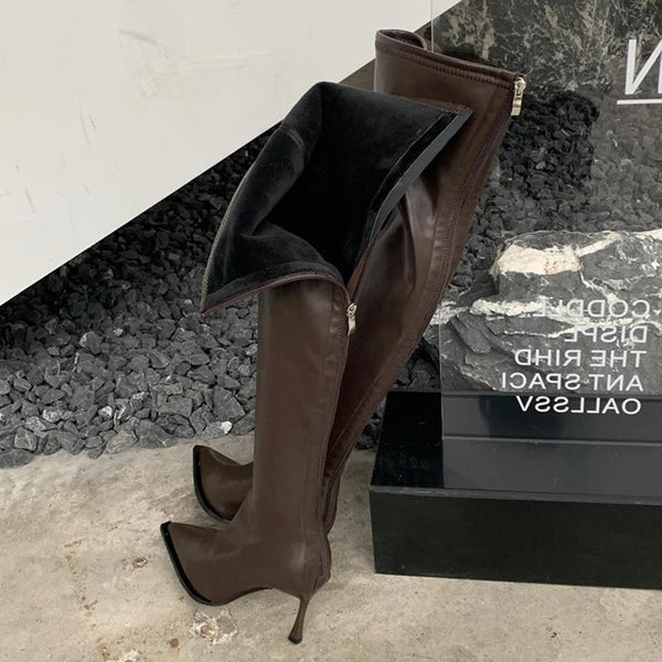 White Over The Knee Boots Women's Fashion Pointed Toe Zip Stiletto Thin Heels