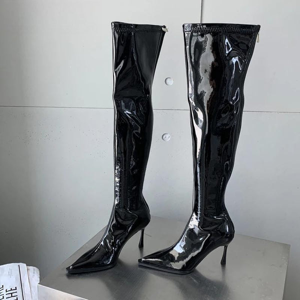 White Patent Leather Women's Over The Knee Boots Fashion Pointed Toe Zip Stiletto Thin Heels
