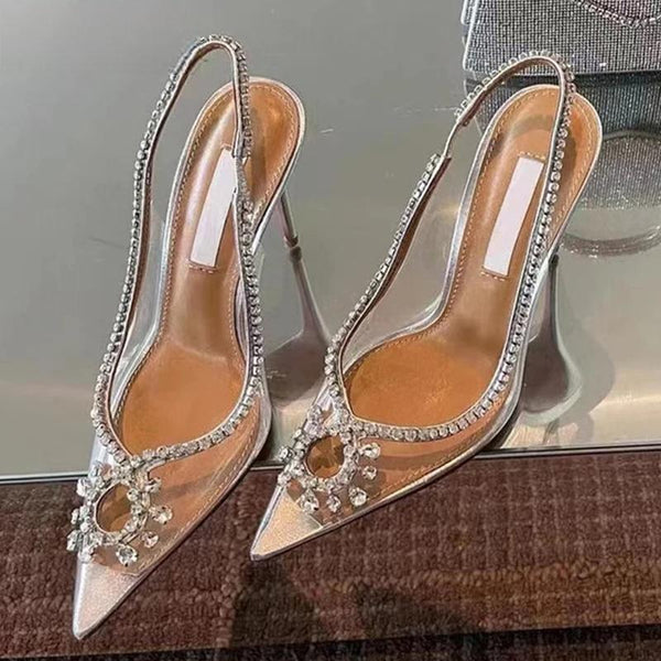 PVC Transparent Clear Rhinestone Women Sandals Pumps Fashion Hollow Out Slingbacks High heels