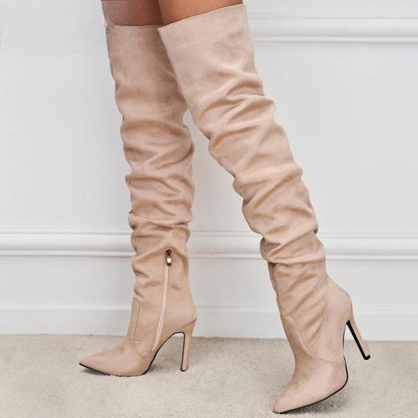 Fashion Pleated Pointed Toe Zip Thigh High Boots Female Stiletto Heels