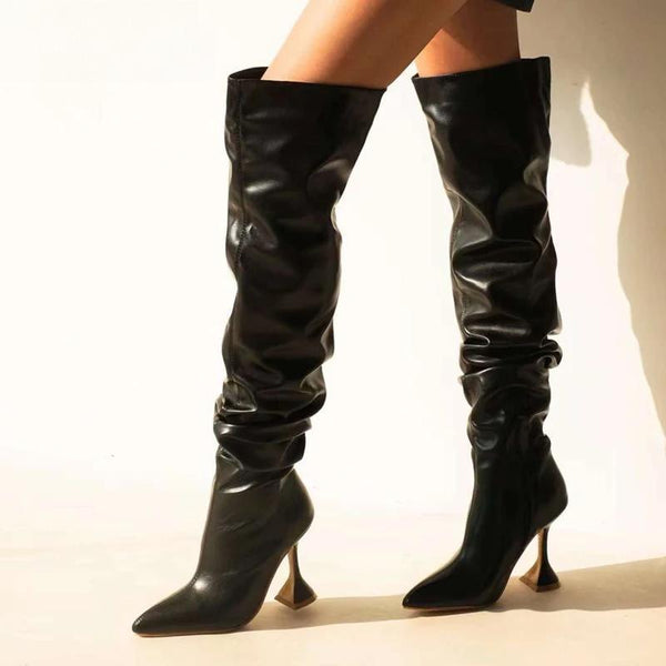 White Pleated Leather Over The Knee Boots Fashion Runway Strange High Heels