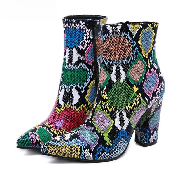 Women Ankle Boots Fashion Green Snake Grain Booties Winter Female Pointed Toe High Heels