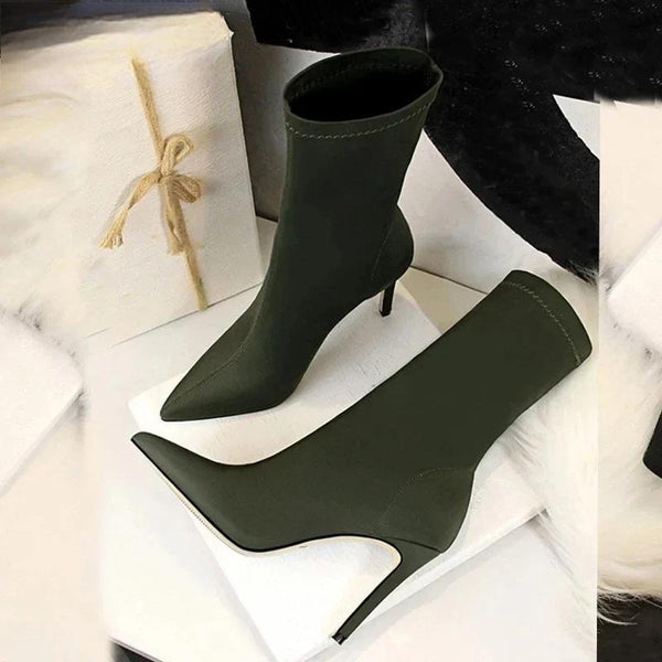 Fashion Stretch Fabric Women Ankle Boots Autumn Winter Female Pointed Toe Thin Heels