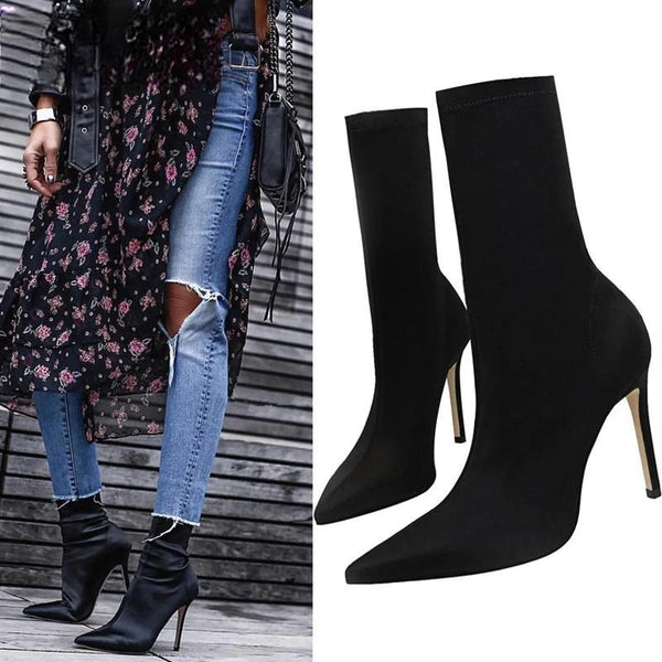 Winter Fashion Stretch Fabric Socks Ankle Boots Women Pointed Toe Thin Heels Slip-On Shoes