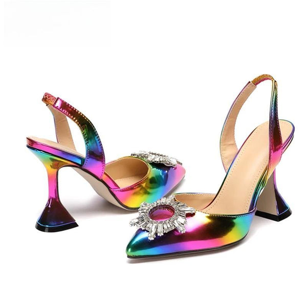 Rainbow Color Pumps Sandals Women Pointed Toe Sun Style Rhinestone High Heels