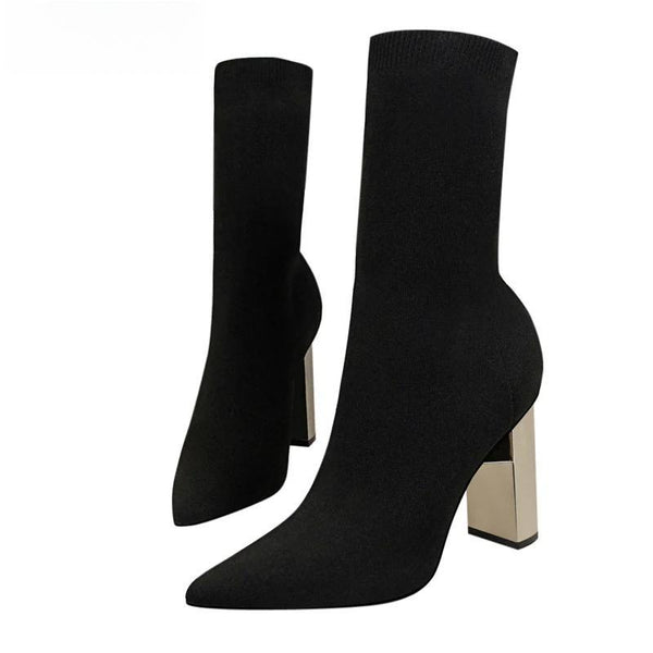 Women Fetish Stretch Sock Boots Metal Block High Heels 9.5cm Short Ankle Boots