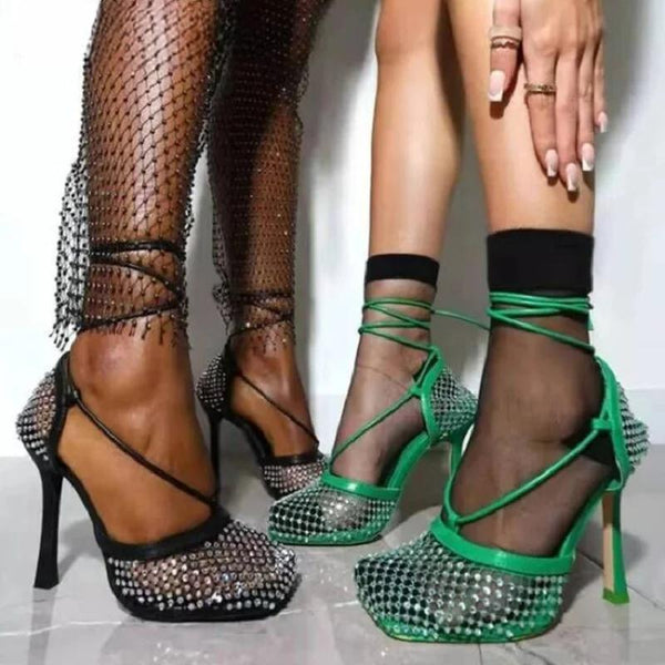 Yellow Green Fashion Women High Heel Crystal Fishnet Pumps