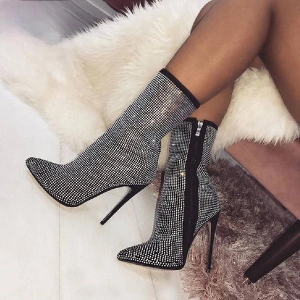Plus Size 35-42 Woman Ankle Boots Rhinestones High Heels Shoes
