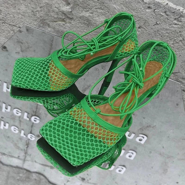 Sexy Mesh Pumps Sandals Female Square Toe High Heel