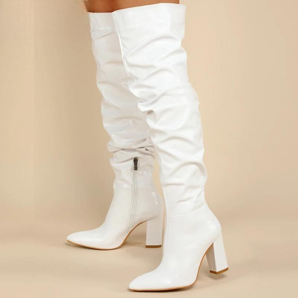 Fashion White Pleated Women Over-the-Knee Boots Sexy Pointed Toe Square Heels
