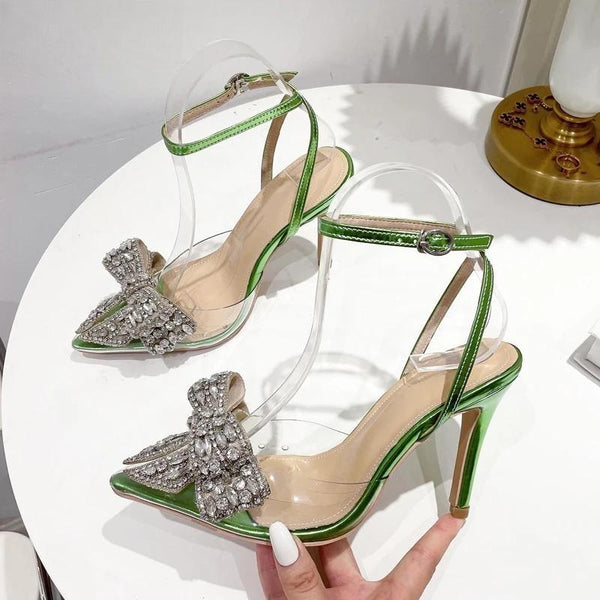 Green Women Sandals Fashion Transparent PVC Butterfly-knot  Party Prom Thin High Heels