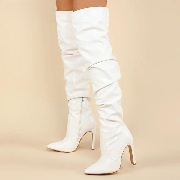 Pleated Thigh High Boots Fashion Pointed Toe Zip Female Stiletto Square Heels