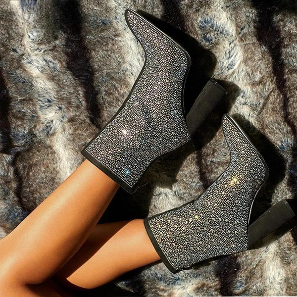 Fashion Sexy Banquet Women's Boots Thick With Shiny Rhinestones Nightclub Square Heel