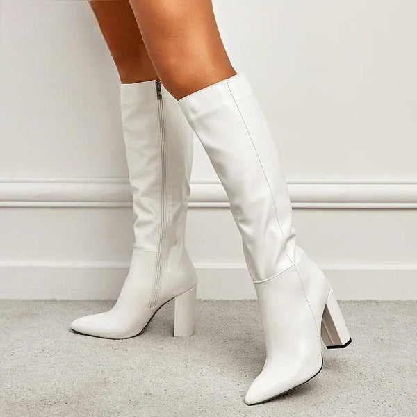 Botas de moto hasta la rodilla para mujer, sexys, con punta puntiaguda y tacones cuadrados.