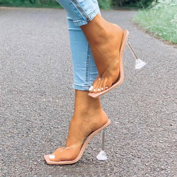 Sandalias de moda con cristales y tacones de estilo extraño para mujer, chanclas de punta cuadrada, zapatillas para mujer
