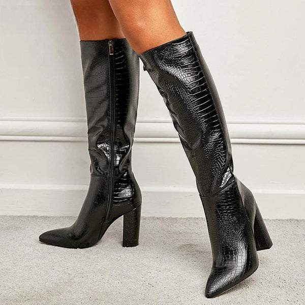 Black Serpentine Fashion Women Knee High Boots Sexy Pointed Toe Square Heels