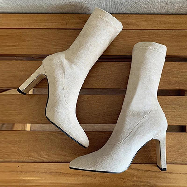 Plus Size 34-42 High Heel Boots Sock Flock Women Shoes Sexy Thick Heel