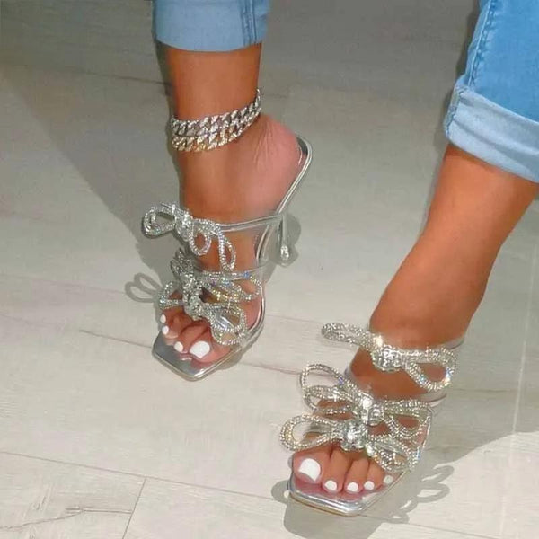 Transparent Slippers For Women  CRYSTAL Butterfly-Knot Designer Sandals Clear Heels