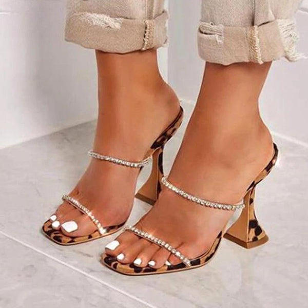 New Summer Slippers Women Fashion Open Toe Crystal High Heels Shoes Spike Heels Leopard Sandals