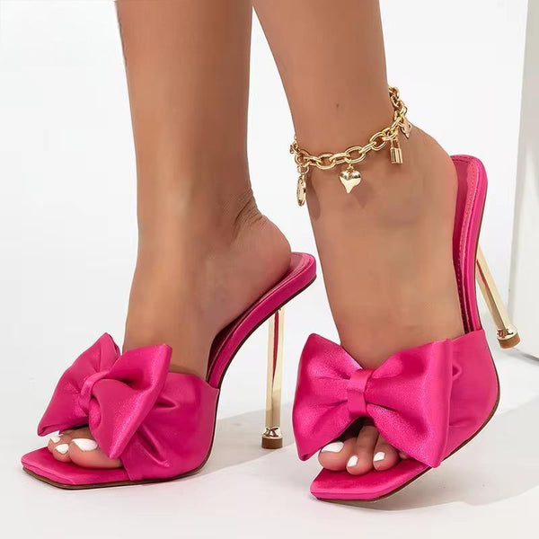 New Arrival Silk Butterfly-knot High heels Women Slippers Square toe Mule Slippers