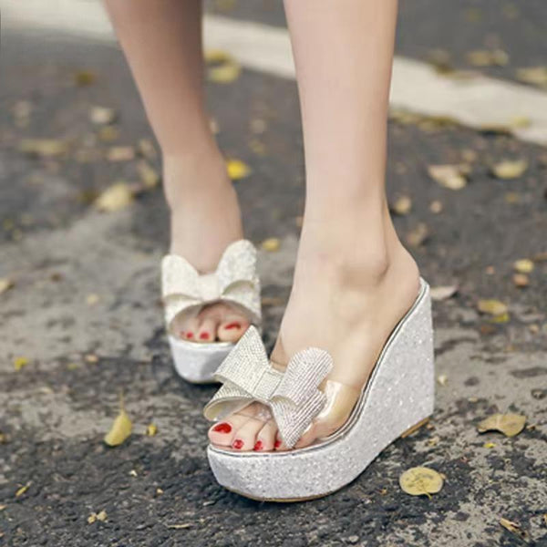 PVC Transparent Slippers Women Summer Toe Platform Bow Crystal Slide Wedge Sandals