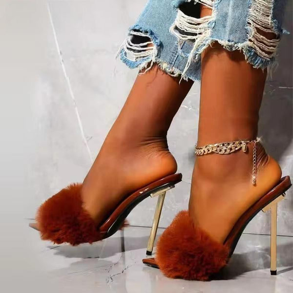 Fashion Faux Fur Women Mule High Heels Slippers Sandals
