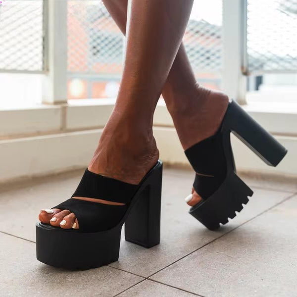 Sandalias de tacón alto con plataforma negra para mujer, ideales para fiestas, discotecas y bailes en barra.