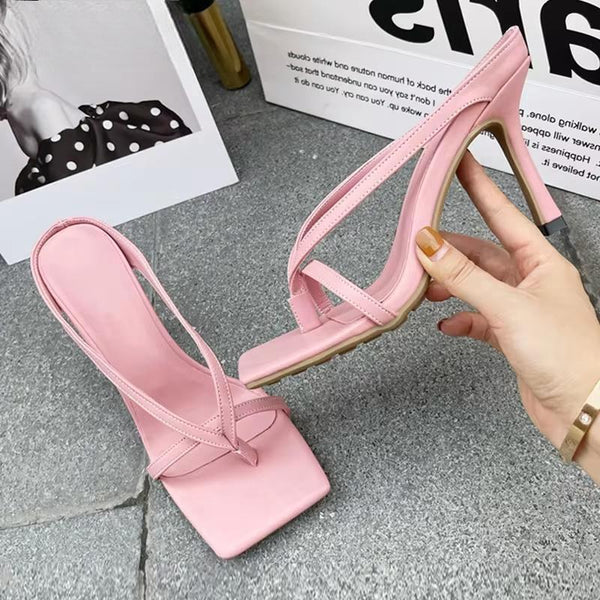Sandalias de tacón alto con tiras y punta cuadrada para mujer, zapatos de otoño, estilo urbano