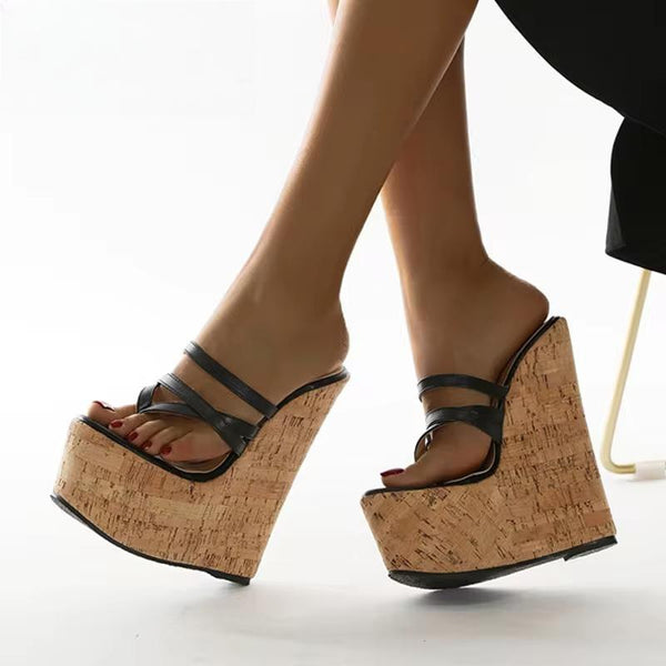 Sandalias negras sexis de cuña de 18 cm con banda estrecha y tacones altos para mujer