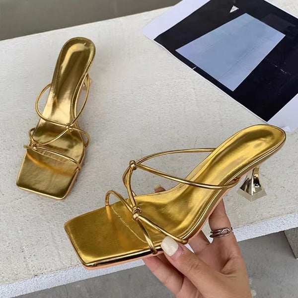 Sandalias de verano doradas con tacón bajo y punta abierta para mujer, con tacón cuadrado