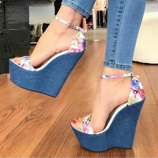 Fashion Designer Print Denim Sandals Woman Roman Wedges High Heels