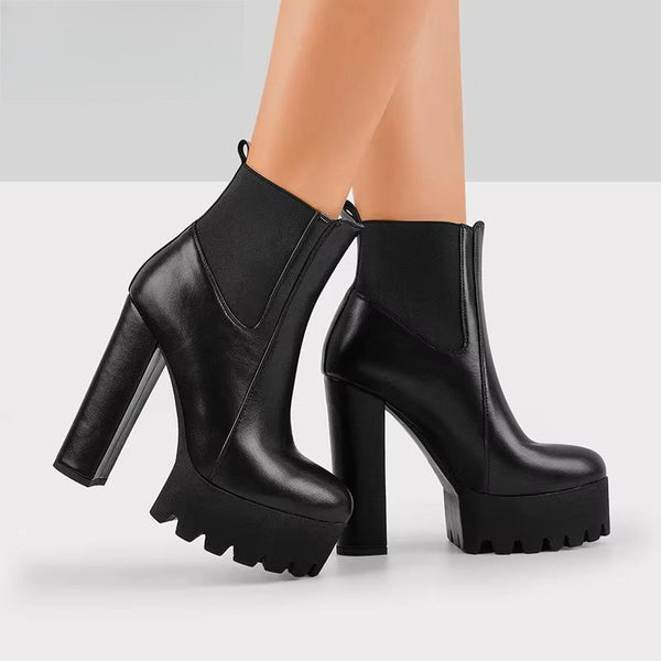 Platform Round Toe Black Matten Ankle Booties Thick High Heel Plus Size Handmade Winter Boots
