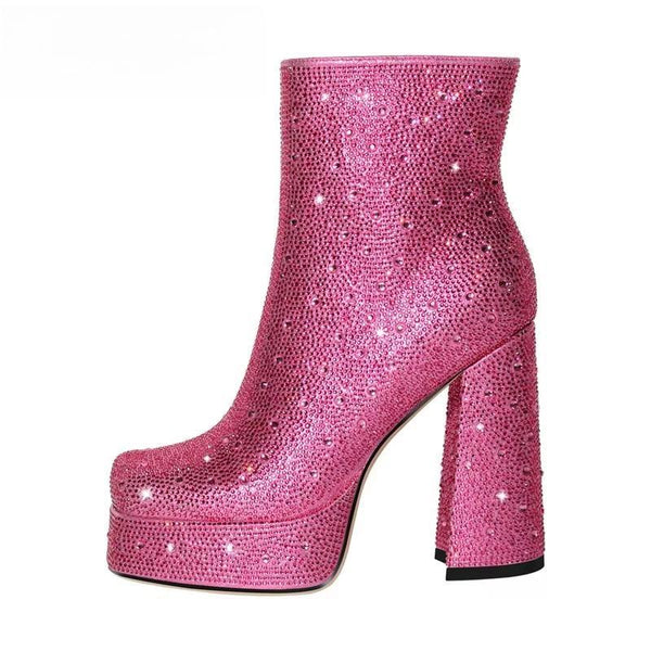 Pink Rhinestone Platform Ankle Boots Square Toe Chunky High Heels