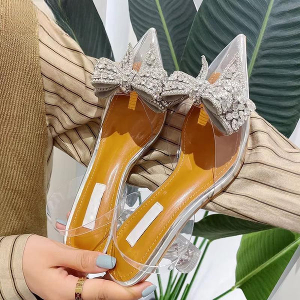 Spring Autumn Crystal Sequined Bowknot Silver Women Pumps Low High Heels