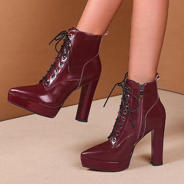 Genuine Leathe Side Zip Up Thick High Heels Short Booties Handmade Shoes