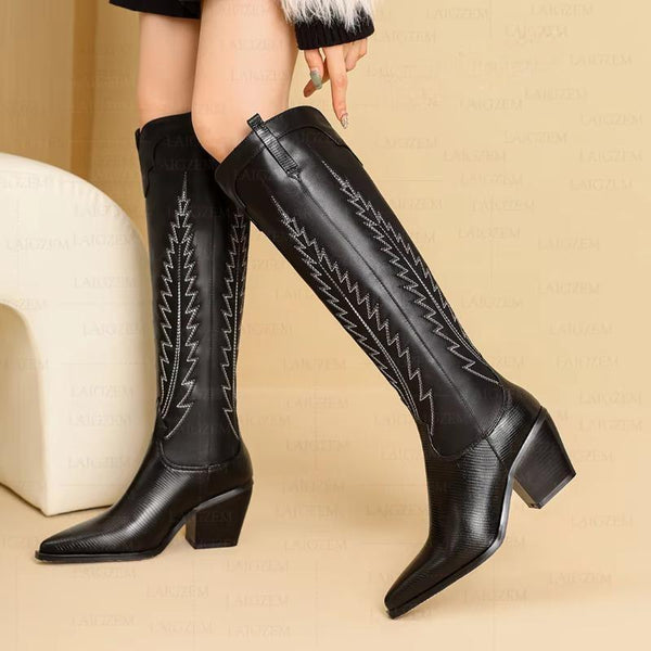 Women Knee High Boots Real Leather 7CM Thick Square High Heels Boots