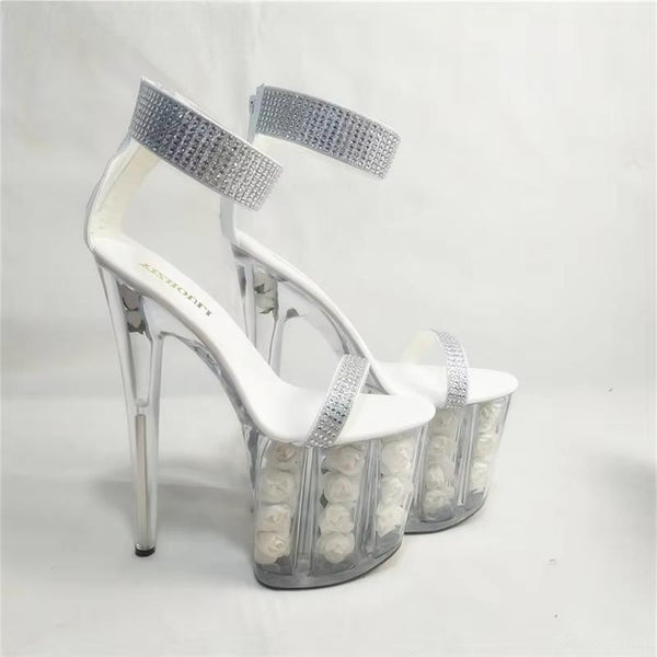 Zapatilla de cristal hueca más vendida con tacones súper altos de 20 cm.