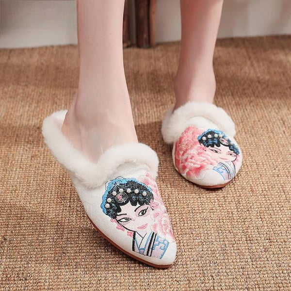 Women Cotton Embroidery Flat  Soft Light Ladies Pointy Toe Slippers