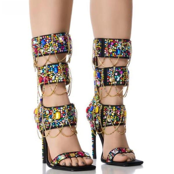 Crystal Pendant Tassels Women Sandals Sexy Tassel Coiled Stiletto High heels