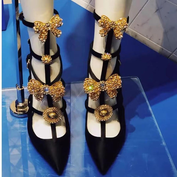 Design women gold bow beading pointed toe high heels Buckle straps high heel silk sandals
