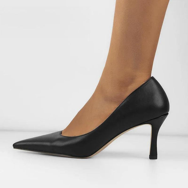 Women Pointed Toe Office Lady Slip on Thin High Heels Black Matte PU Pumps
