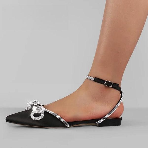 Woman Black Elegent Pointed Toe  Rhinestone Bowknot Sandals Summer
