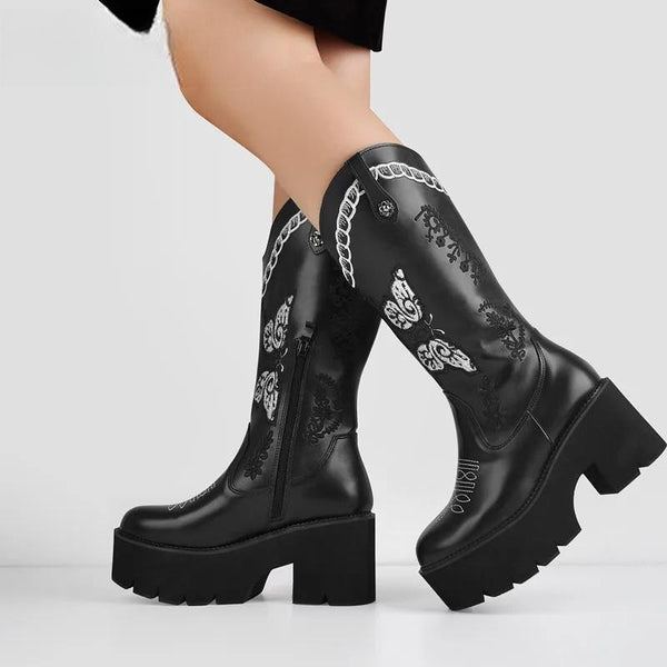 Black Platform Thick Heel Embroidery Western Mid-Calf Boots