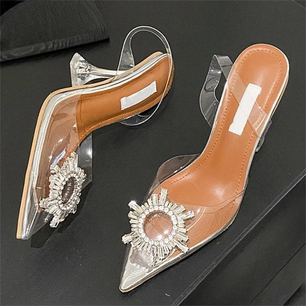 Sun Flower CRYSTAL PVC Transparent Women Pumps Sexy Pointed Toe Slingbacks Clear Heels Sandals
