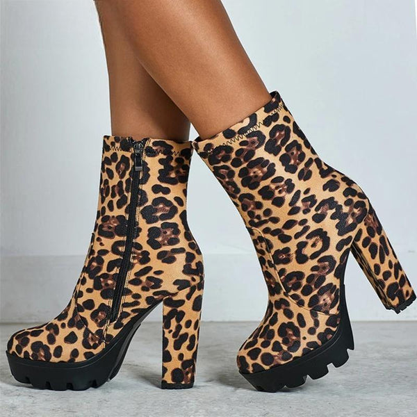 Fashion Leopard Ankle Boots For Women Thick Heels